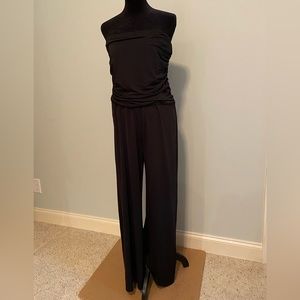 Pull on strapless jumpsuit.